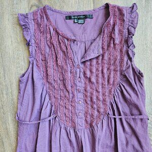 ZARA WOMAN Purple Cotton Lace Trim Ruffle Sleeveless Top Tie Back Blouse Size S